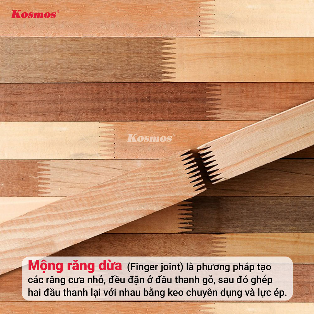 Mộng răng dừa là phương pháp tạo các răng cưa nhỏ, đều đặn ở đầu thanh gỗ, sau đó ghép hai đầu thanh lại với nhau bằng keo chuyên dụng và lực ép Mộng răng dừa là phương pháp tạo các răng cưa nhỏ, đều đặn ở đầu thanh gỗ, sau đó ghép hai đầu thanh lại với nhau bằng keo chuyên dụng và lực ép