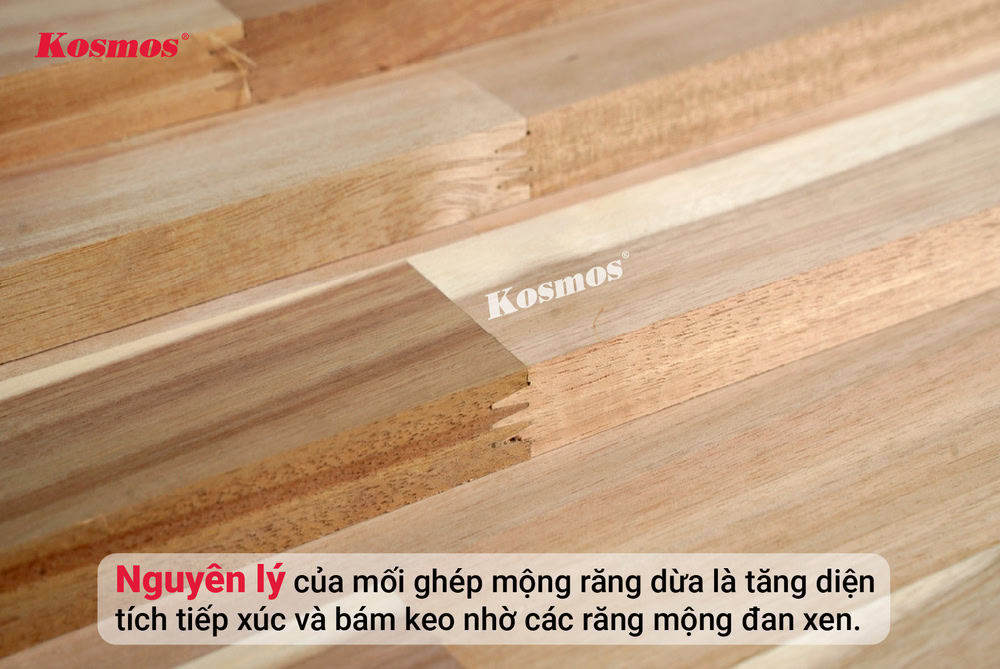Nguyên lý hoạt động của mối ghép mộng răng dừa dựa trên việc tăng diện tích tiếp xúc giữa hai đầu thanh gỗ Nguyên lý hoạt động của mối ghép mộng răng dừa dựa trên việc tăng diện tích tiếp xúc giữa hai đầu thanh gỗ
