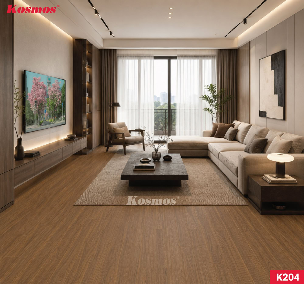 Phòng khách lát sàn gỗ nâu walnut K204 sang trọng