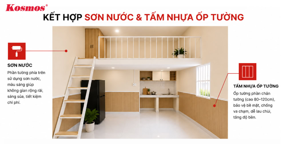 Phương án kết hợp sơn nước và ốp tấm nhựa cho nhà ở