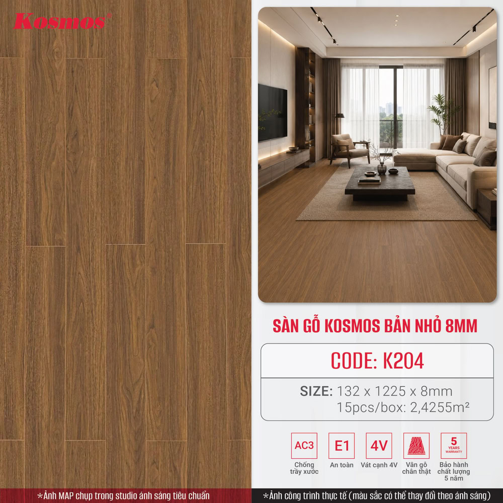Sàn gỗ công nghiệp K204 vân gỗ tự nhiên chân thực