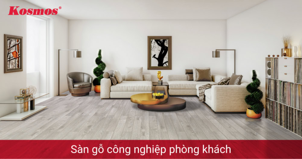 Sàn gỗ công nghiệp phòng khách tông màu xám sang trọng Sàn gỗ công nghiệp phòng khách tông màu xám sang trọng