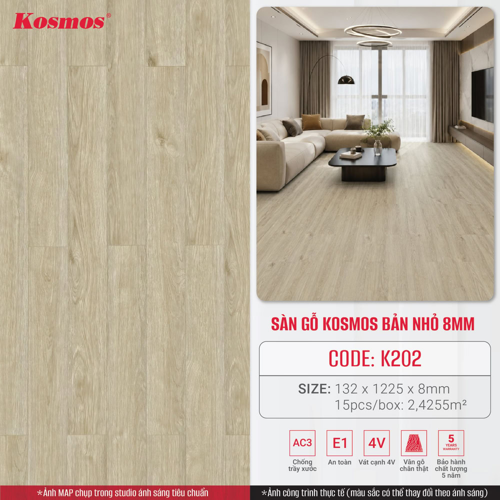 Sàn gỗ Kosmos K202 màu vàng sồi nhạt