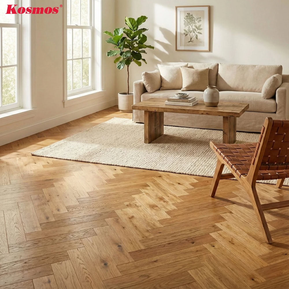 Sàn gỗ tự nhiên lát kiểu xương cá tạo điểm nhấn phòng khách
