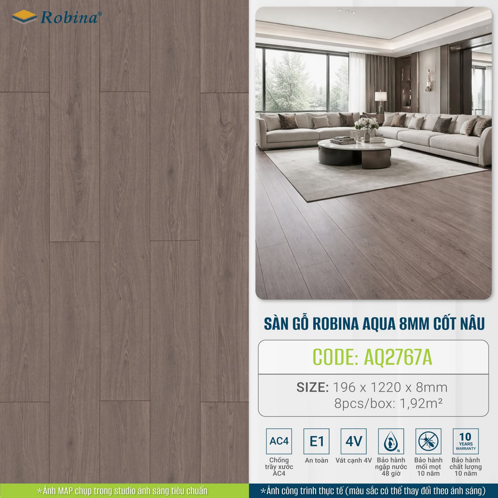 Sàn gỗ xám ghi nhạt Robina Aqua AQ2767A là sàn gỗ Malaysia chịu nước 48 giờ, bảo hành mối 10 năm Sàn gỗ xám ghi nhạt Robina Aqua AQ2767A là sàn gỗ Malaysia chịu nước 48 giờ, bảo hành mối 10 năm