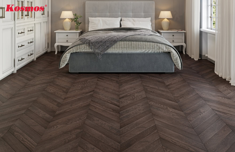 Sàn gỗ xương cá Chevron trang trí không gian phòng ngủ Sàn gỗ xương cá Chevron trang trí không gian phòng ngủ
