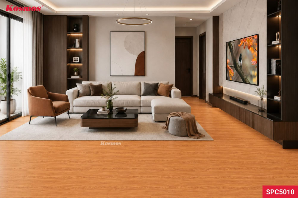 The orange-yellow wood-look vinyl flooring SPC5010 creates a warm focal point for the living room.