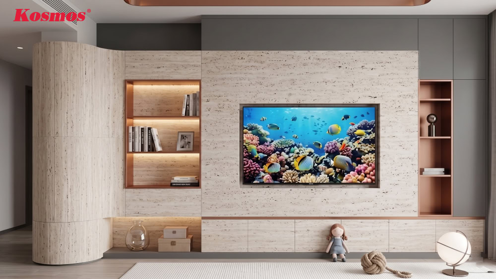 Tấm ốp đá travertine màu be ốp vách tivi