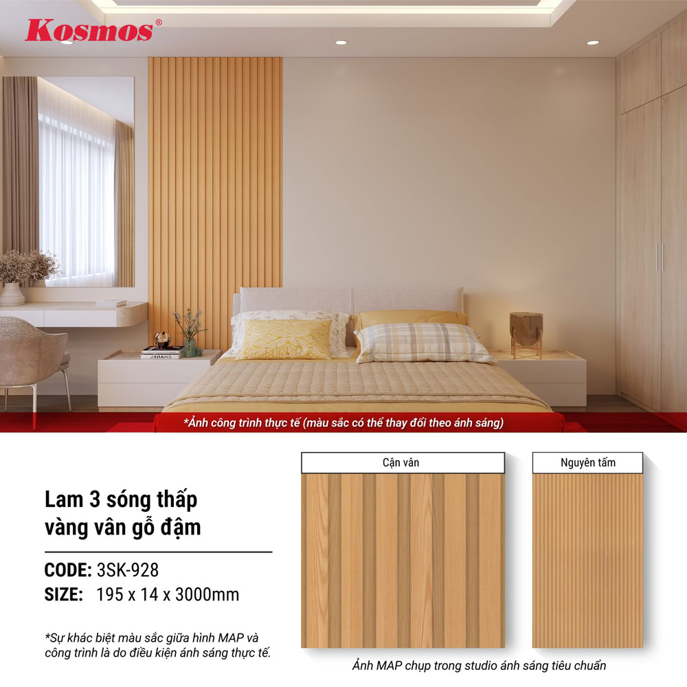 Tấm ốp lam sóng nhựa giả gỗ Kosmos tạo điểm nhấn vách đầu giường Tấm ốp lam sóng nhựa giả gỗ Kosmos tạo điểm nhấn vách đầu giường