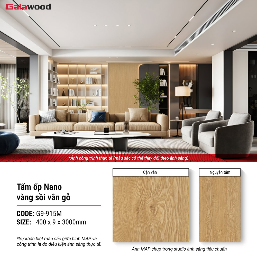 Tấm ốp Nano nhựa giả gỗ Galawood trang trí vách sofa phòng khách Tấm ốp Nano nhựa giả gỗ Galawood trang trí vách sofa phòng khách