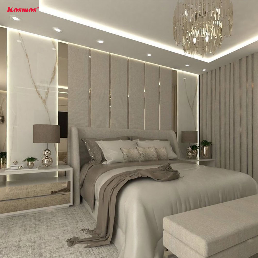 Thiết kế la cuộn inox trắng gương tạo điểm nhấn vách đầu giường