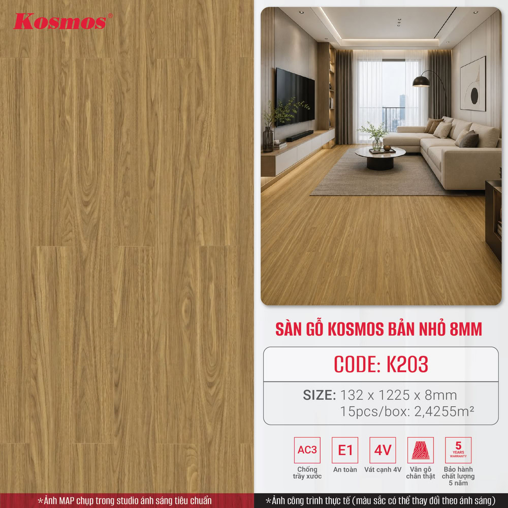 Thông số sàn gỗ Kosmos K203 bản nhỏ 8mm