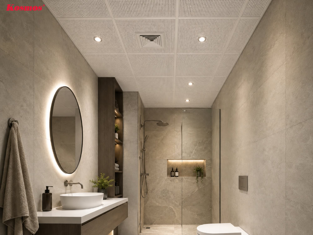 Trần nhôm Lay-in lộ khung xương tạo điểm nhấn cho nhà vệ sinh Trần nhôm Lay-in lộ khung xương tạo điểm nhấn cho nhà vệ sinh