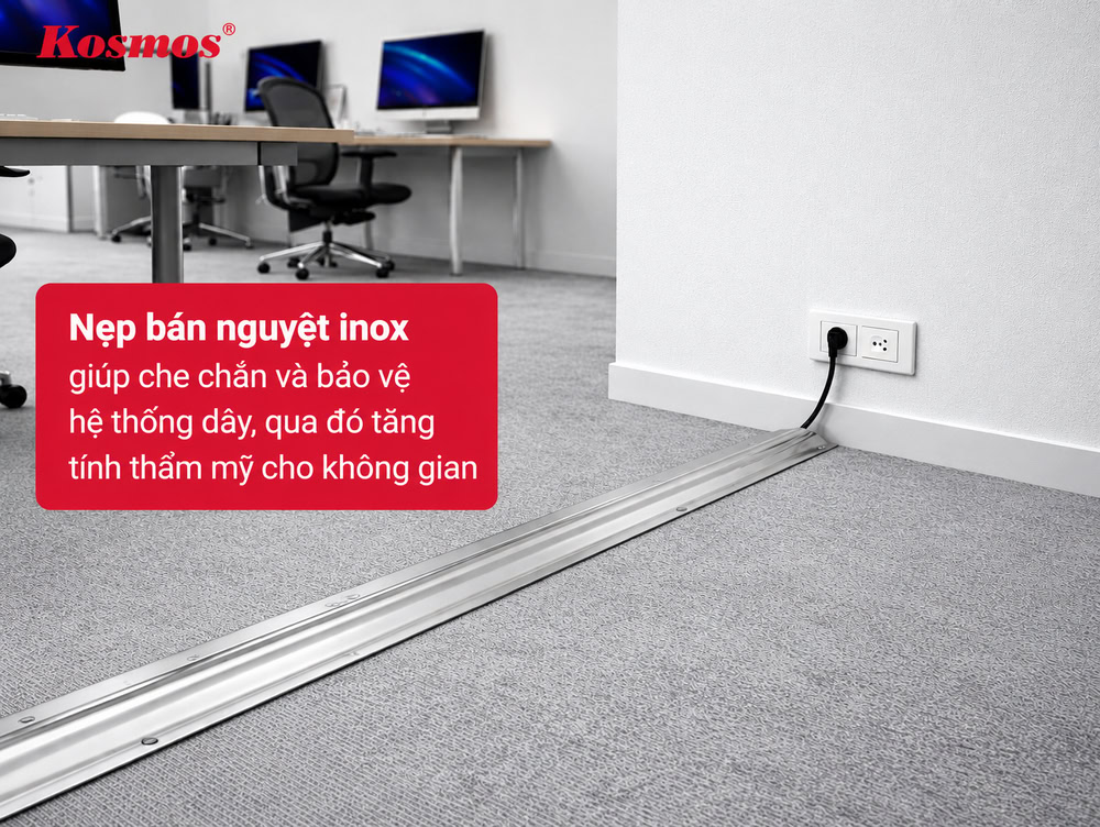 Ứng dụng nẹp inox bán nguyệt che chắn dây điện trên sàn văn phòng