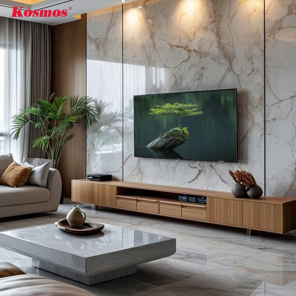 Vách tivi ốp nẹp T inox màu đen hiện đại