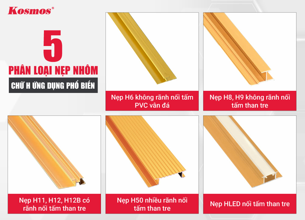 5 dòng nẹp nhôm chữ H trang trí nội thất