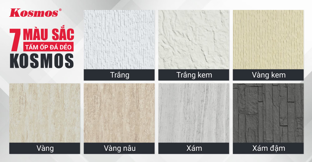 7 gam màu của tấm ốp đá dẻo Kosmos 7 gam màu của tấm ốp đá dẻo Kosmos