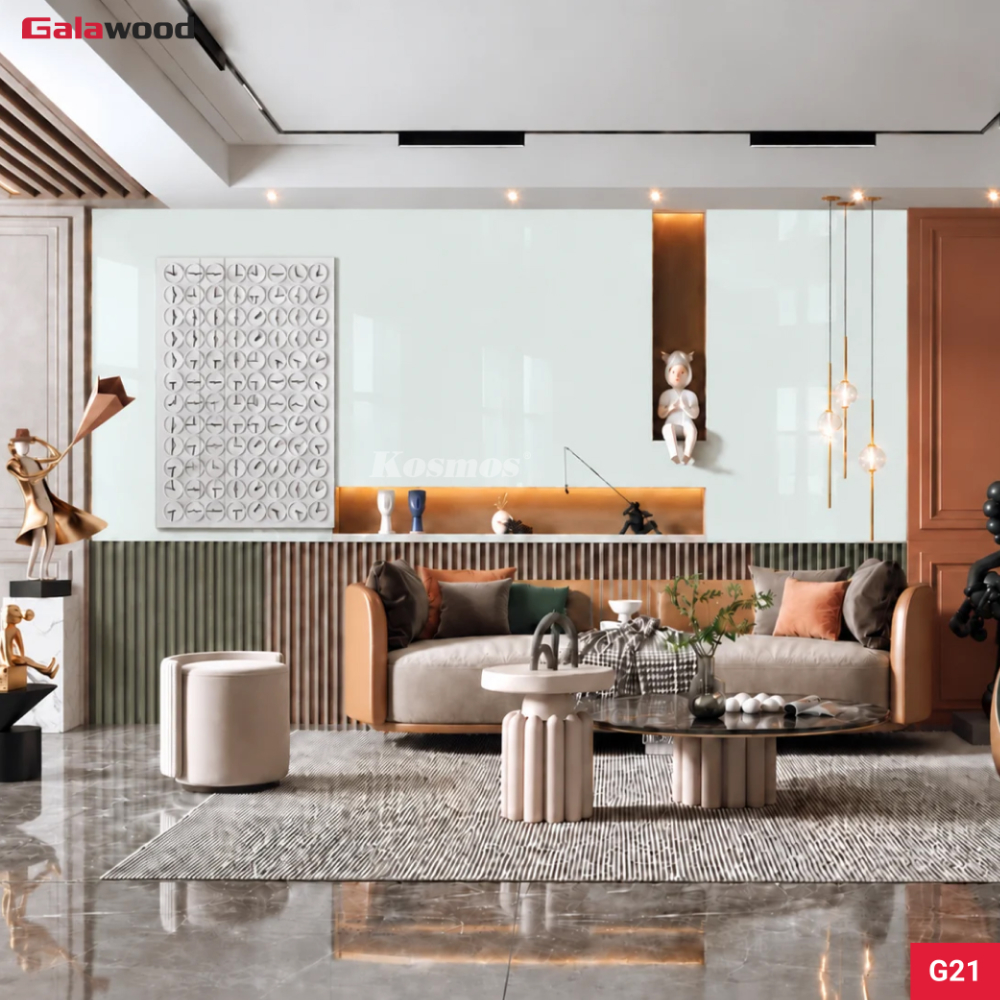 Bề mặt bóng trắng ánh kim của tấm ốp G21 khiến không gian sáng rõ