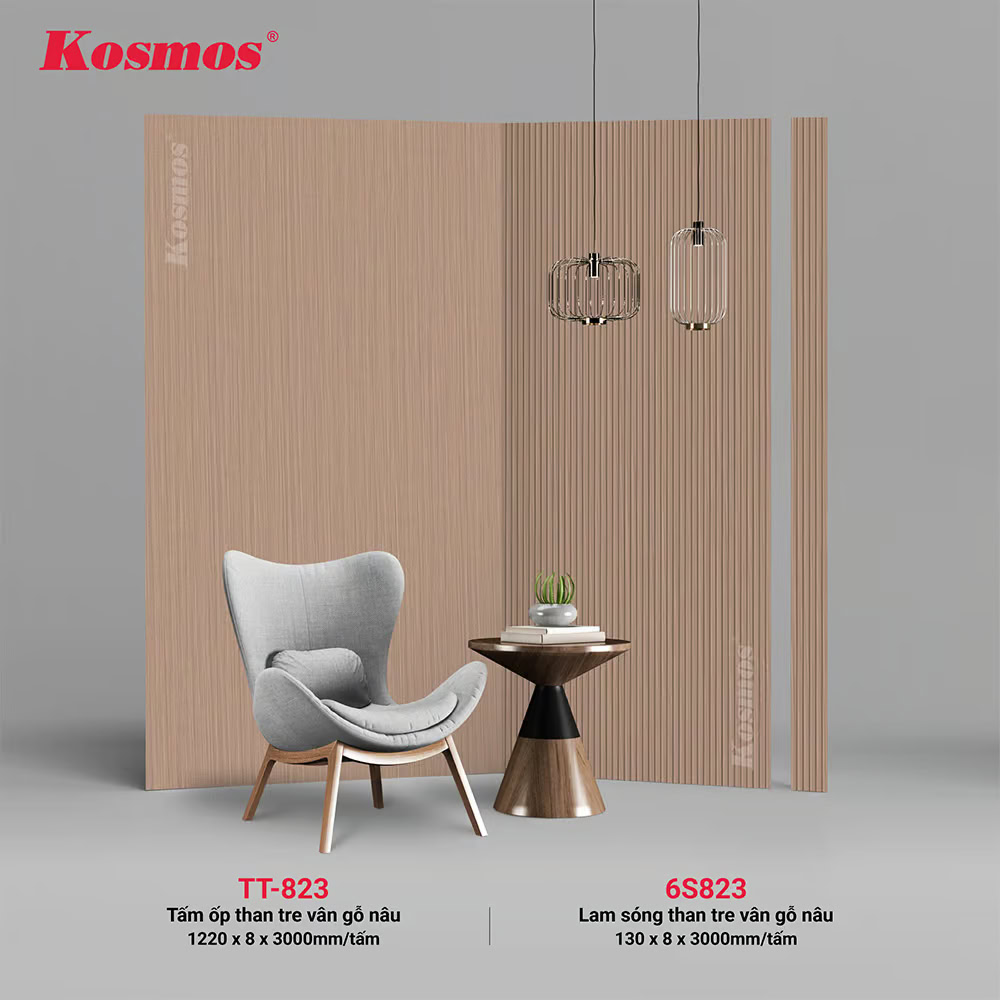 Bộ đồng màu tấm ốp than tre vân gỗ nâu (6S823 & TT-823) Bộ đồng màu tấm ốp than tre vân gỗ nâu (6S823 & TT-823)