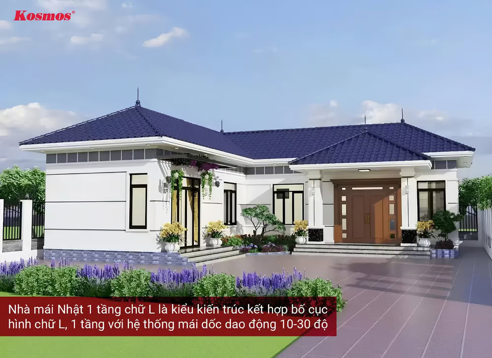 Công trình mái Nhật chữ L 1 tầng có hệ mái dốc nhẹ đặc trưng của kiến trúc Nhật