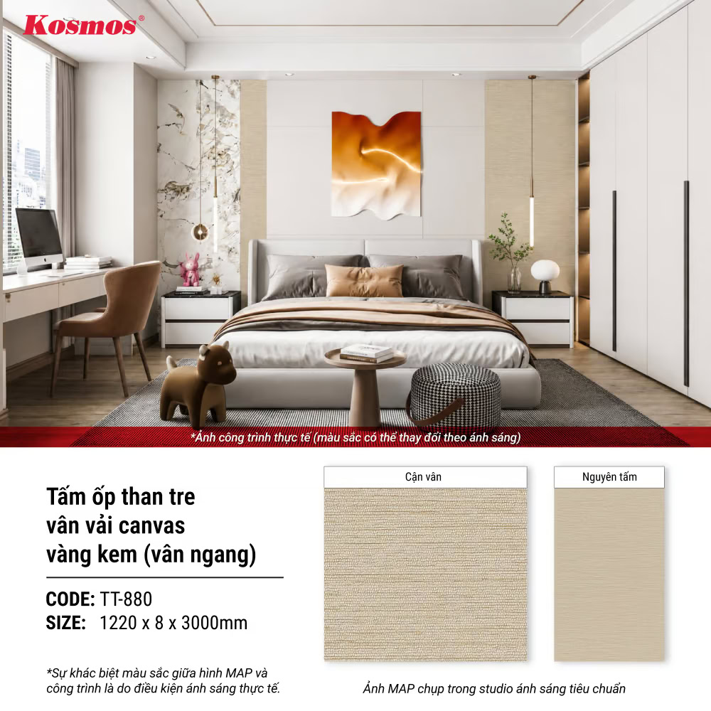 Hình công trình thực tế ứng dụng tấm ốp than tre vân vải canvas vàng kem vân ngang TT-880