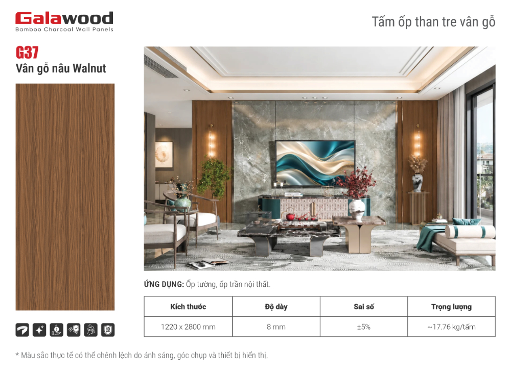 Hình không gian phòng khách ốp tấm ốp than tre G37 vân gỗ nâu Walnut Hình không gian phòng khách ốp tấm ốp than tre G37 vân gỗ nâu Walnut