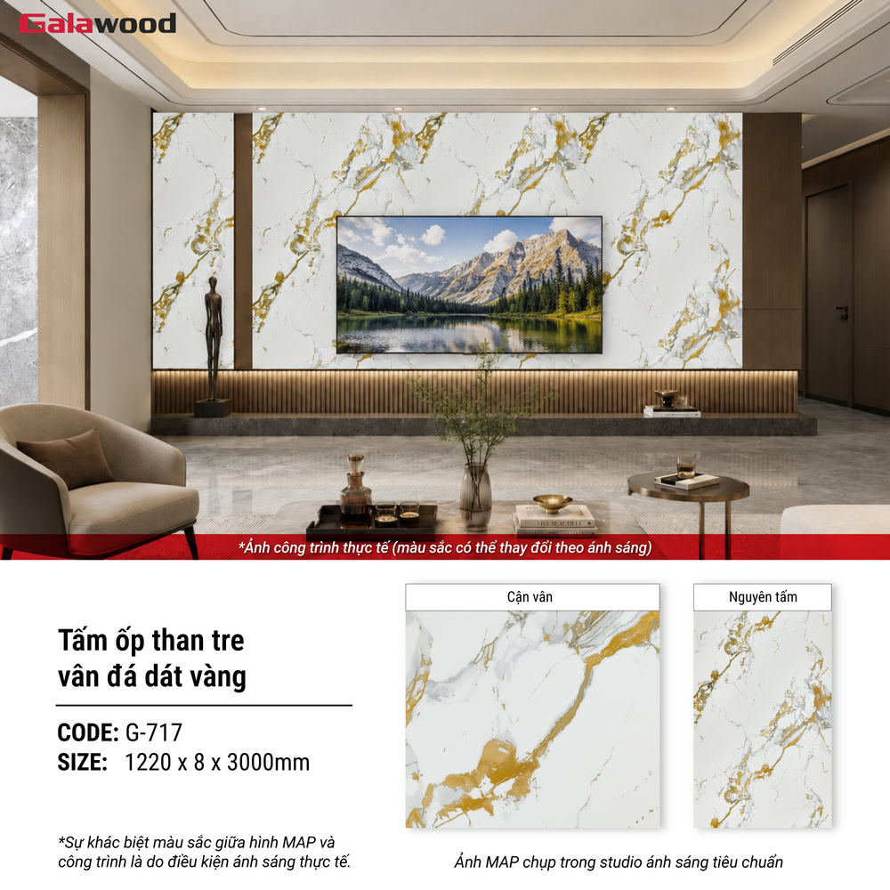 Hình không gian lắp đặt tấm ốp than tre đá dát vàng Galawood G-717