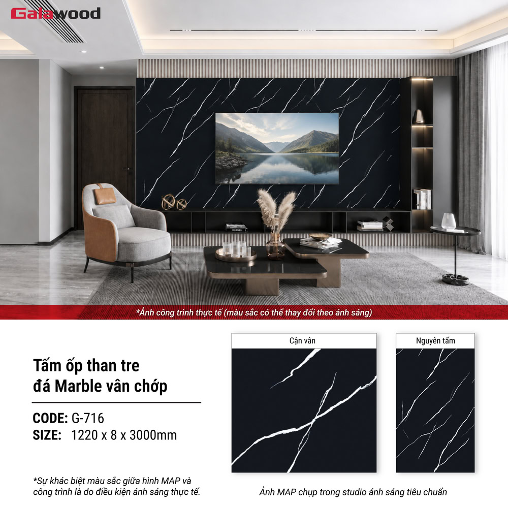 Hình không gian lắp đặt tấm ốp than tre đá marble vân chớp Galawood G-716