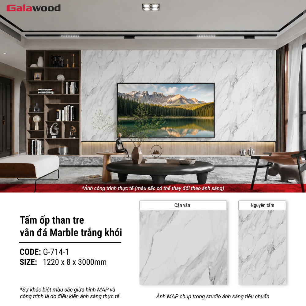 Hình không gian lắp đặt tấm ốp than tre vân đá Marble trắng khói Galawood G-714-1