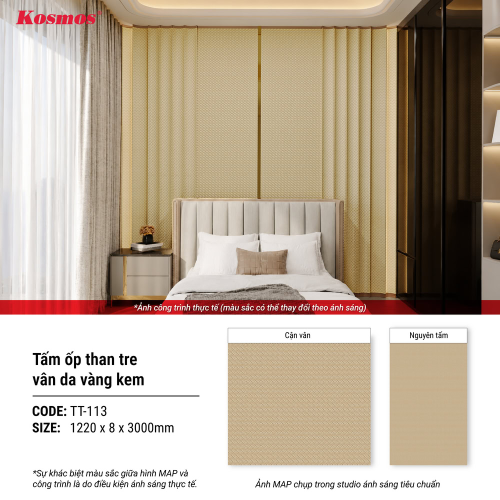 Hình ứng dụng tấm ốp than tre vân da đan Kosmos màu vàng kem TT-113