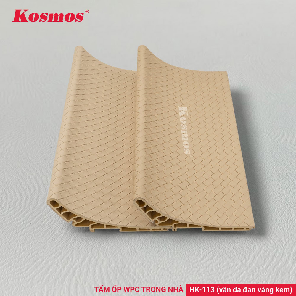 HK-113 là tấm ốp WPC trong nhà vân da đan màu vàng kem Kosmos