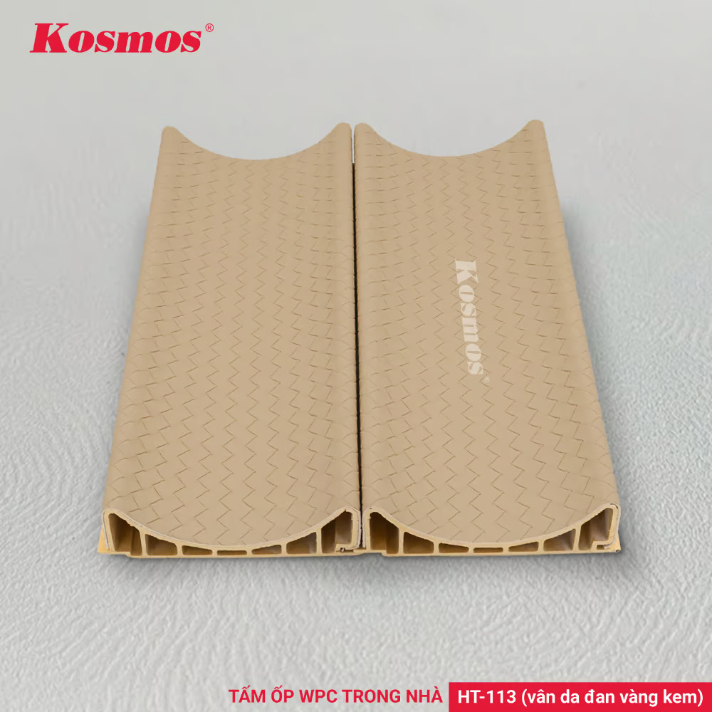 HT-113 là tấm ốp WPC trong nhà vân da đan màu vàng kem Kosmos