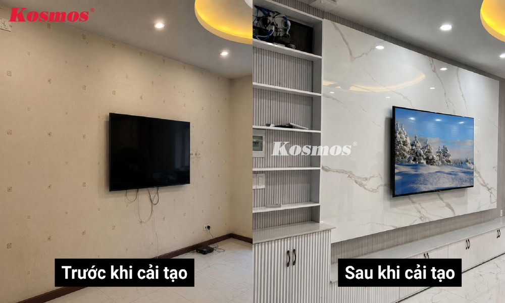 Cải tạo vách tivi phòng khách bằng tấm ốp than tre Cải tạo vách tivi phòng khách bằng tấm ốp than tre