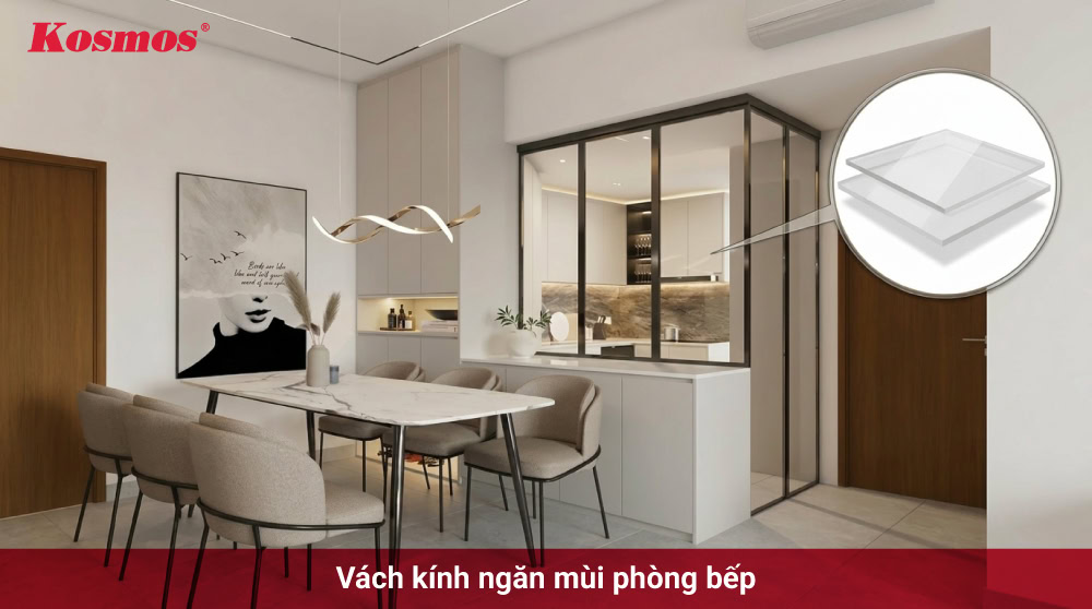 Không gian nhà bếp ngăn mùi thức ăn bằng vách kính