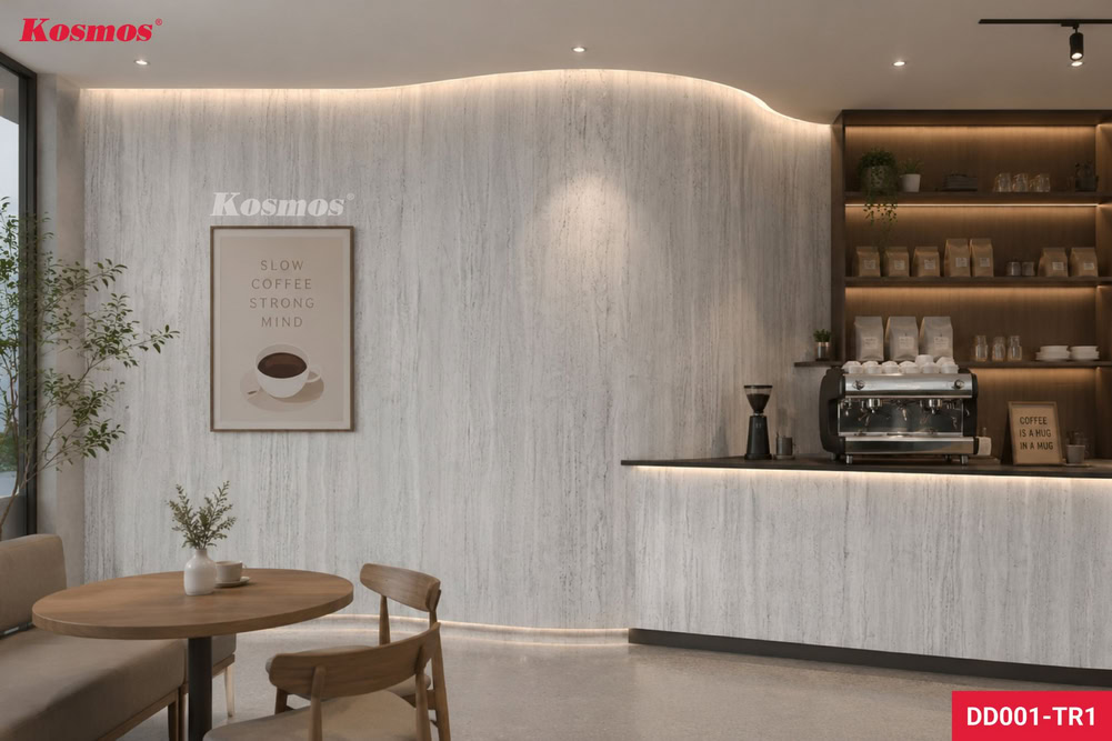 Không gian quán cafe trẻ trung ốp tường, quầy pha chế bằng tấm DD001-TR1
