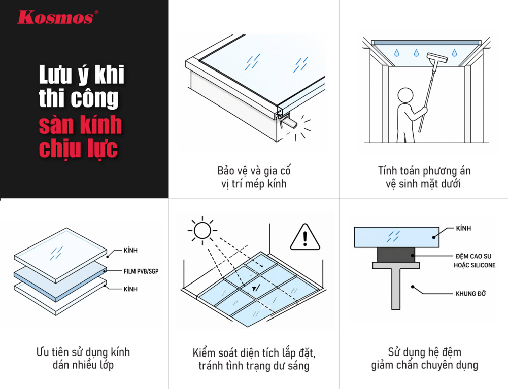 Lưu ý khi thi công sàn kính chịu lực Lưu ý khi thi công sàn kính chịu lực