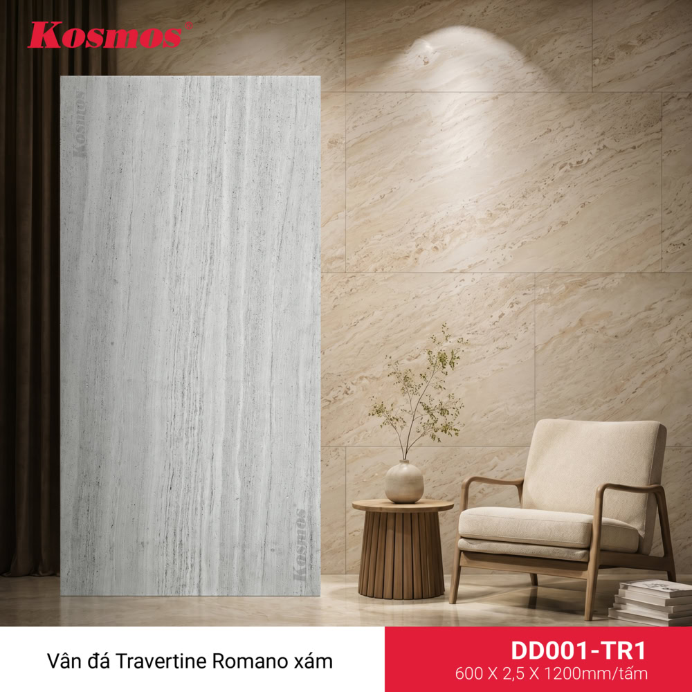 Mẫu mã tấm ốp đá dẻo Travertine Romano xám DD001-TR1