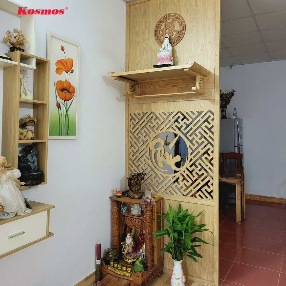 Mẫu vách ngăn bàn thờ Ông Địa kết hợp kệ thờ