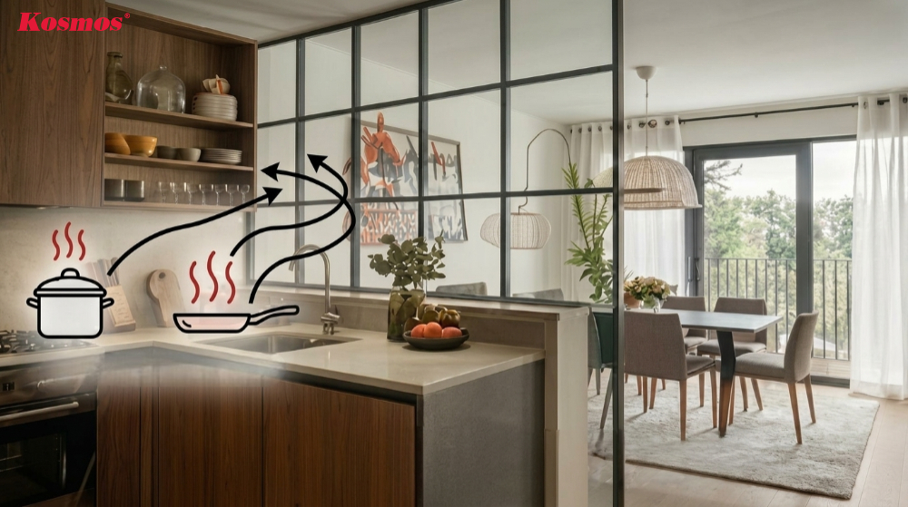 Mẫu vách ngăn kính đơn giản cho nhà bếp diện tích hạn chế