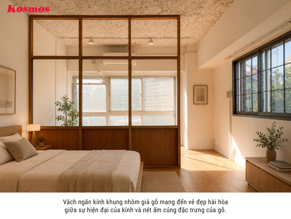 Mẫu vách ngăn kính khung nhôm giả gỗ phòng ngủ Mẫu vách ngăn kính khung nhôm giả gỗ phòng ngủ