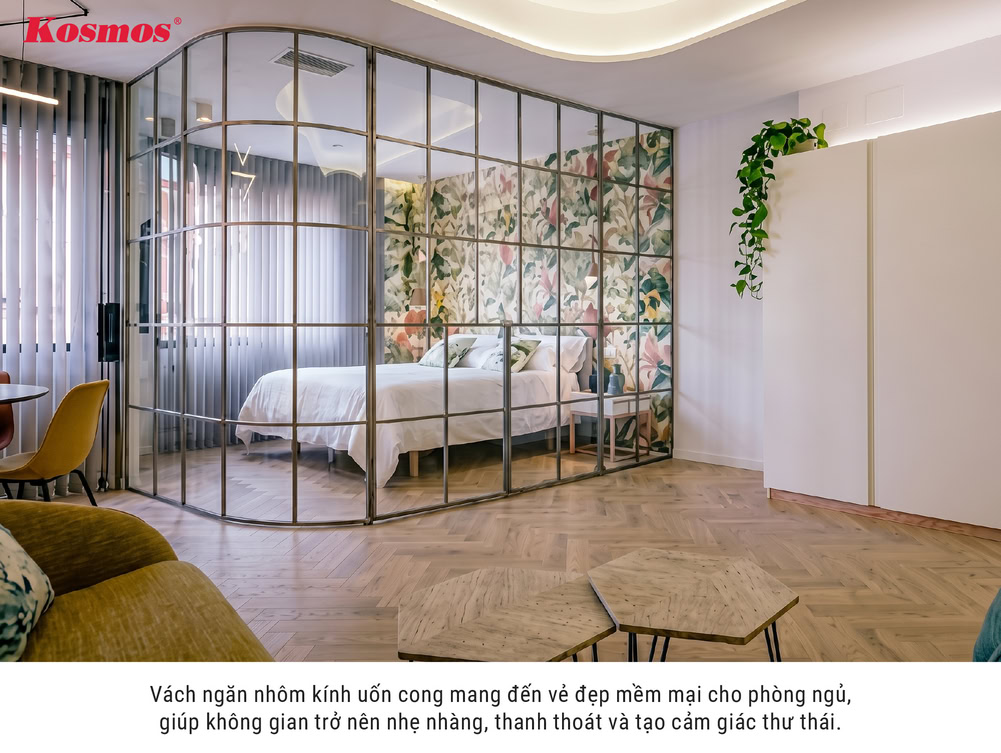 Mẫu vách ngăn nhôm kính uốn cong phòng ngủ Mẫu vách ngăn nhôm kính uốn cong phòng ngủ