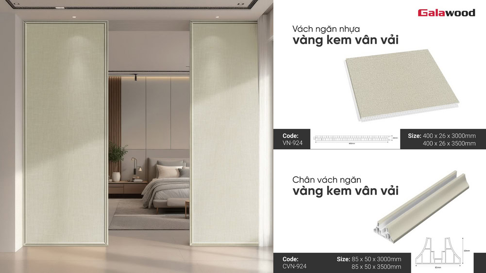 Mẫu vách ngăn nhựa vàng kem vân vải VN-924 ứng dụng phòng ngủ