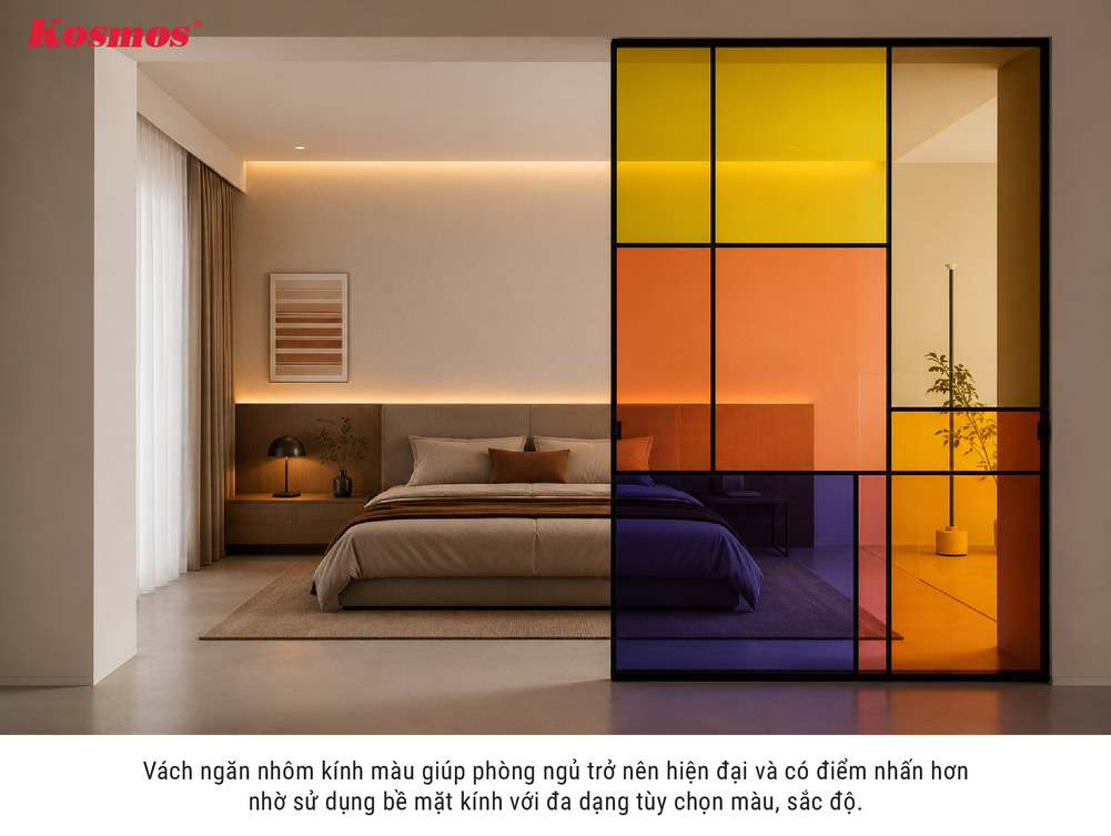 Mẫu vách ngăn phòng ngủ bằng nhôm kính màu Mẫu vách ngăn phòng ngủ bằng nhôm kính màu