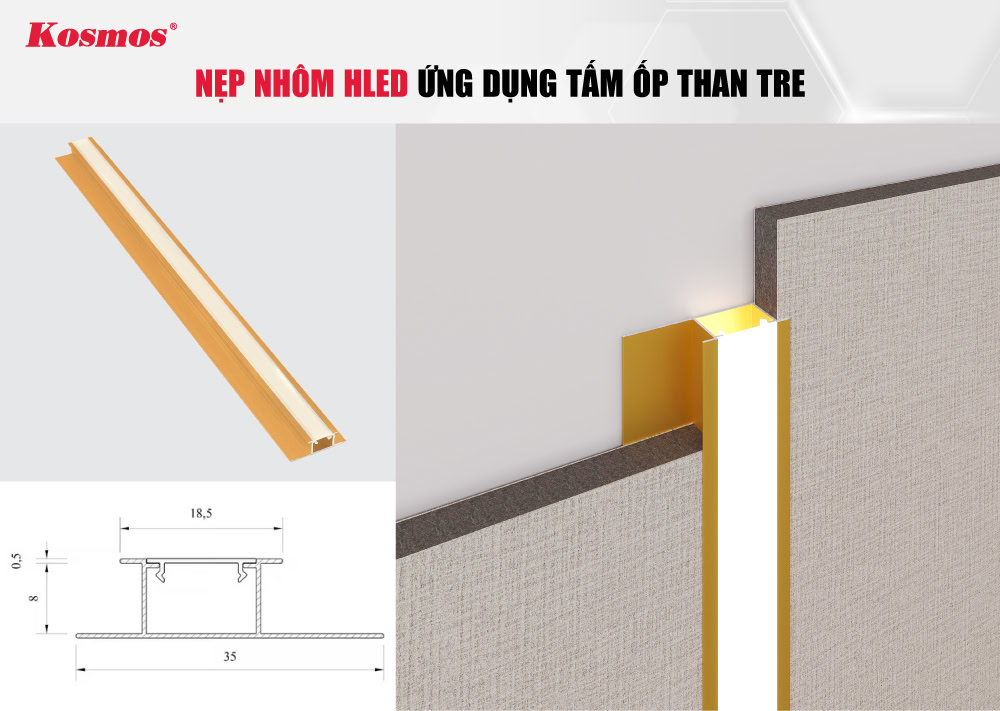 Nẹp nhôm chữ H có khe đèn LED ứng dụng tấm ốp than tre