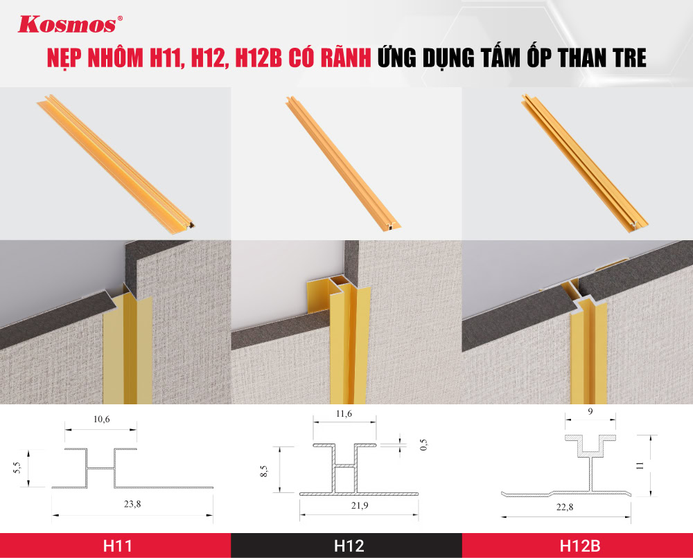Nẹp nhôm chữ H có rãnh ứng dụng tấm ốp than tre