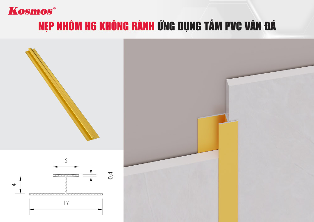 Nẹp nhôm H6 không rãnh ứng dụng tấm PVC vân đá