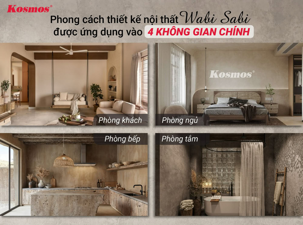 Phong cách thiết kế nội thất Wabi Sabi được ứng dụng vào 4 không gian chính