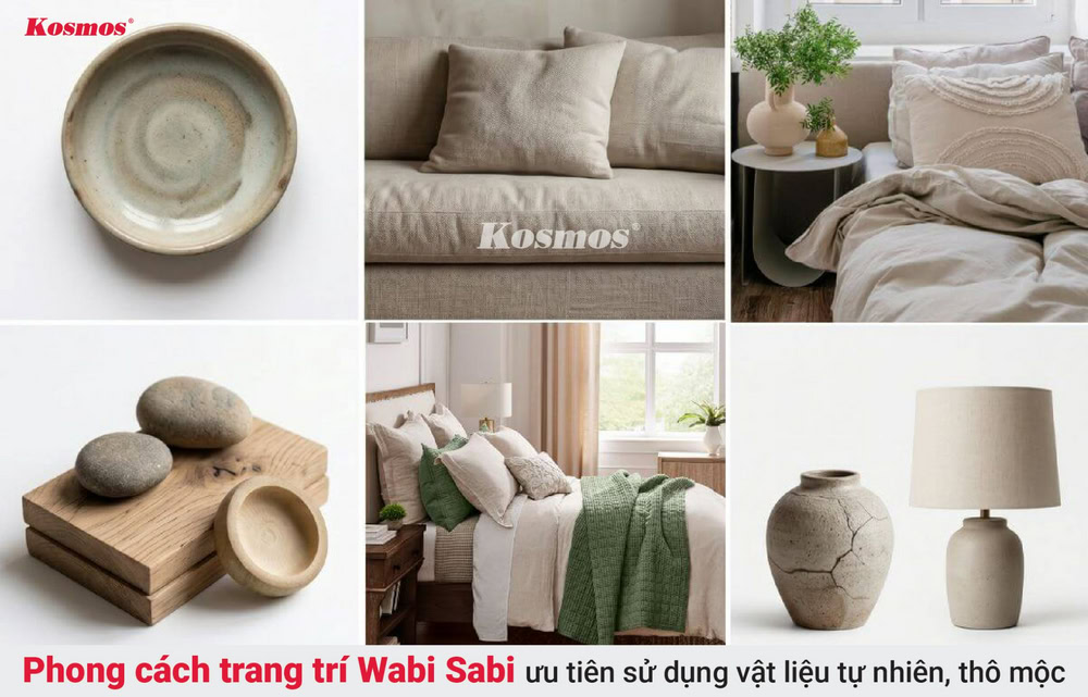 Phong cách trang trí Wabi Sabi ưu tiên sử dụng vật liệu tự nhiên, thô mộc