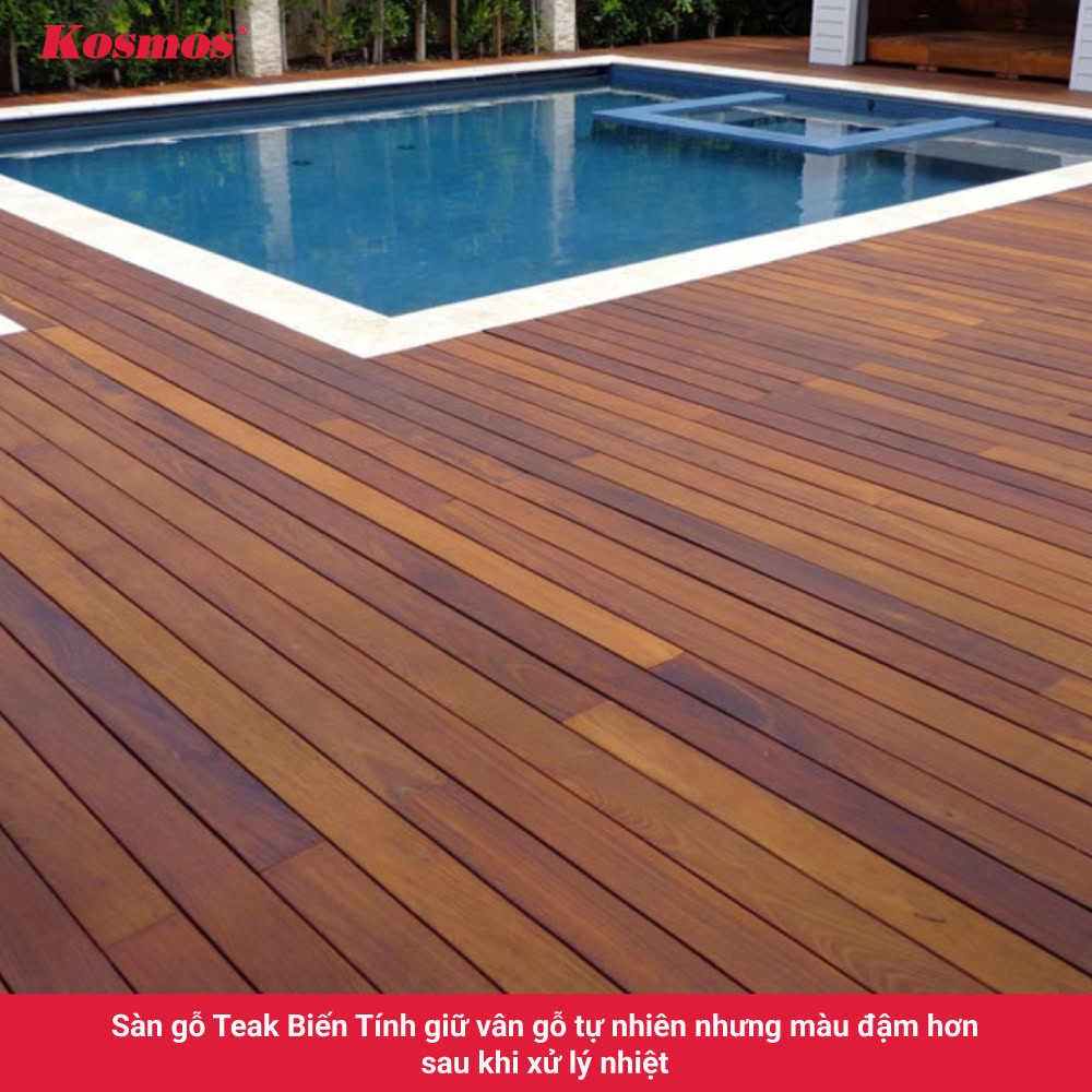 Sàn gỗ Teak Biến Tính giữ vân gỗ tự nhiên nhưng màu đậm hơn sau khi xử lý nhiệt
