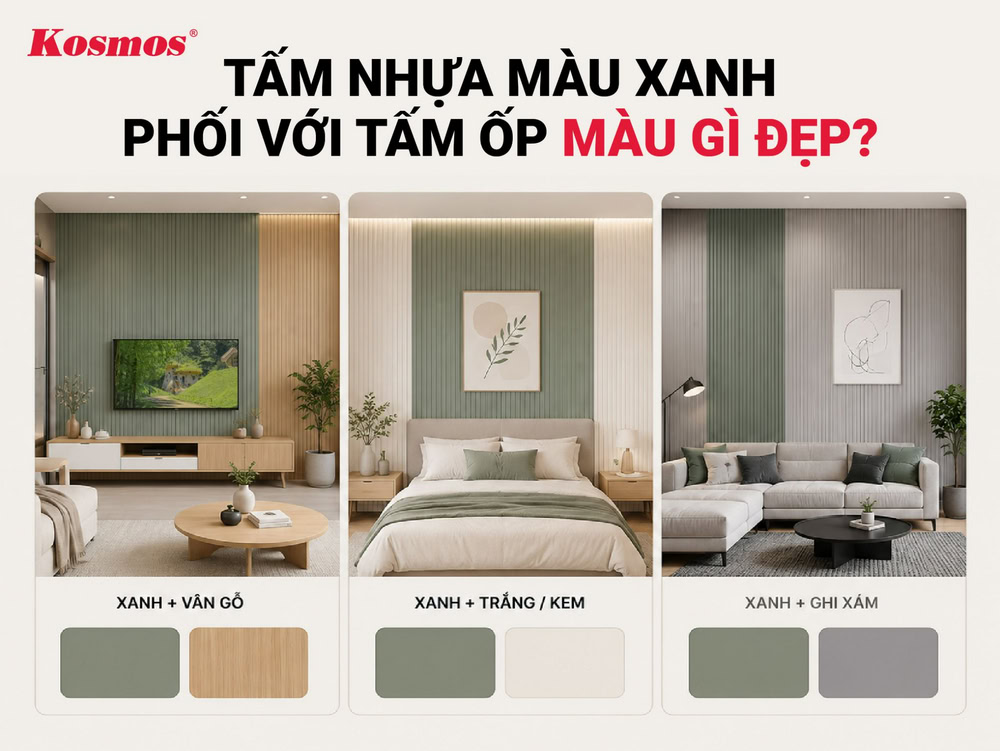 Tấm nhựa màu xanh phối với tấm ốp màu vân gỗ, trắng/kem, ghi xám Tấm nhựa màu xanh phối với tấm ốp màu vân gỗ, trắng/kem, ghi xám